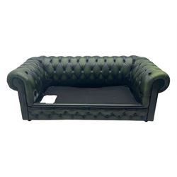Two seat Chesterfield design sofa bed, upholstered in emerald green leather with deep-buttoned detailing, rolled arms, two loose seat cushions, and pull-out 
