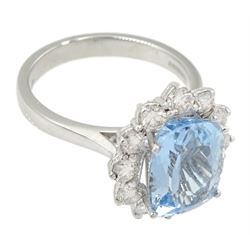 18ct white gold aquamarine and round brilliant cut diamond cluster ring, hallmarked, aquamarine approx 3.30 carat, total diamond weight approx 0.85 carat