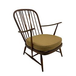 Ercol medium elm and beech stick back easy chair, with upholstered seat cushion