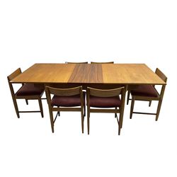 Bath Cabinet Makers BCM - mid-20th century teak extending dining table with butterfly action leaf, on shaped tapering supports (198cm x 92cm x 94cm), BCM - set six teak dining chairs with bar back and upholstered seats (48cm x 45xm x 73cm)