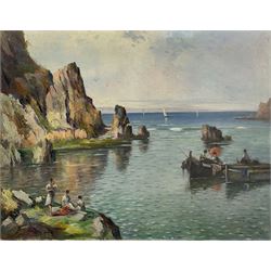 Manuel Tejero (Spanish 19th/20th century): Figures and Boats in a Rocky Cove, oil on canvas signed and dated 'Pasajes 1935', 65cm x 85cm (unframed)
