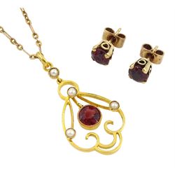 Edwardian gold garnet and seed pearl pendant, on rose gold chain and a pair of gold singles stone garnet stud earrings, all 9ct stamped
