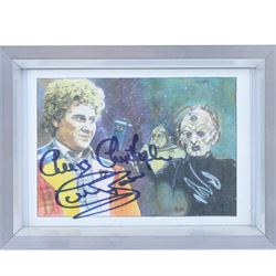 Doctor Who prints and signed memorabilia, including first day cover with signatures of Tom Baker, Peter Davidson, Colin Baker and Sylvester McCoy, signed print of Katy Manning, print of Billy Piper and Christopher Ecclestone with spurious signatures, Tardis print, etc