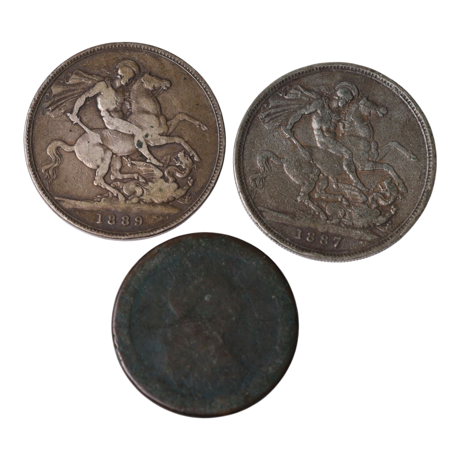 Two Queen Victoria silver one crown coins, 1887 and 1887, and a George III 'cartwheel' penny (3)