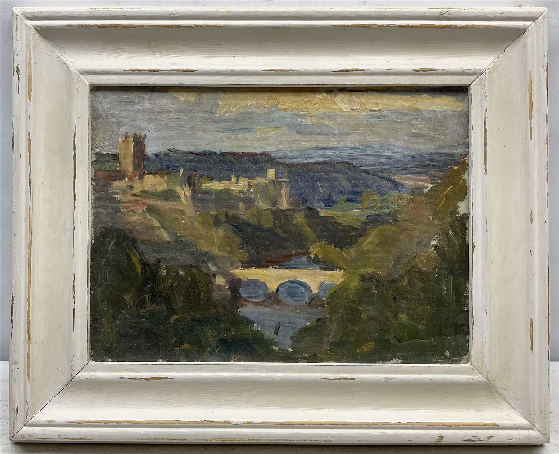 Sarah Madeleine Martineau (British 1872-1972): Richmond, oil on canvas board unsigned, inscribed in a later hand verso 24cm x 32cm  
Notes: Martineau was a successful Arts and Crafts jeweller. She attended Clapham Art School, and subsequently attended Westminster School of Art with her sister Lucy. By 1904 she was an established jewellery maker, and in 1906 she had had two pendants accepted for the Arts and Crafts Exhibition at the Grafton Galleries. By 1909 she was showing her jewellery at various galleries and exhibitions, including the Society of Women Artists and was featured in 'Studio' magazine for various achievements.
