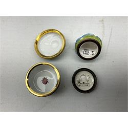 Two Halcyon Days enamel bonbonnieres modelled as mice, I am a magical mouse, and ''Consider the little mouse, how sagacious an animal it is...' Roman Playwright', together with three Halcyon Days enamel boxes, modelled as a bee upon a flower, a ladybird upon a leaf, and a strawberry, each in fitted box, (5)