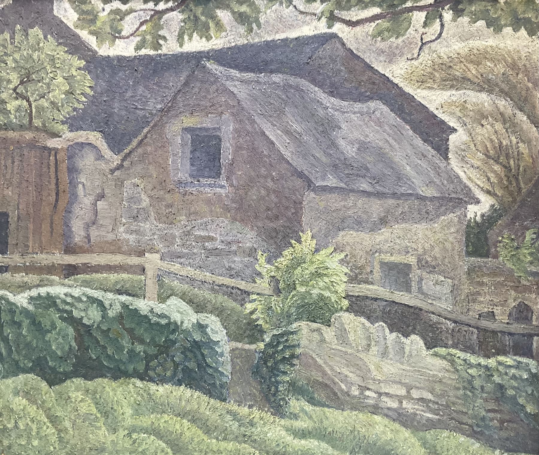 J Higgins (British Early/Mid-20th century): Impressionist Cottage Landscape, oil on board inscribed verso 46cm x 54cm