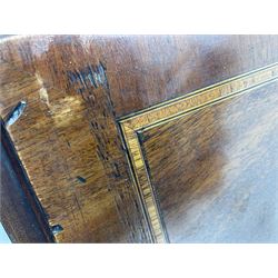 George III mahogany bureau, the conch inlaid fall front enclosing pigeon holes, shelves and central cupboard with inlaid flower motif, four graduating cock-beaded drawers below each with brass handles, lower moulded edge over shaped bracket feet