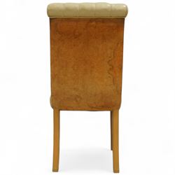 In the manner of Harry & Lou Epstein - Art Deco figured walnut veneered dining table, rectangular top with canted corners and glass protective top, edge with gently canted profile, on two rounded drum-shaped pedestals together with a set of four mid-century style walnut chairs, with elegant scroll and walnut veneered backs, upholstered in a light cream leather, 54x44x96cm