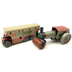 Wells Brimtoy/Pocketoy - eight tin-plate/clockwork or friction-drive vehicles comprising London Trolley Bus, two Double Decker buses, Tour Coach, Greenline Coach, open truck, boxed British railways van and Steam Roller; seven unboxed; and Pocketoy die-cast clockwork saloon car  (9)