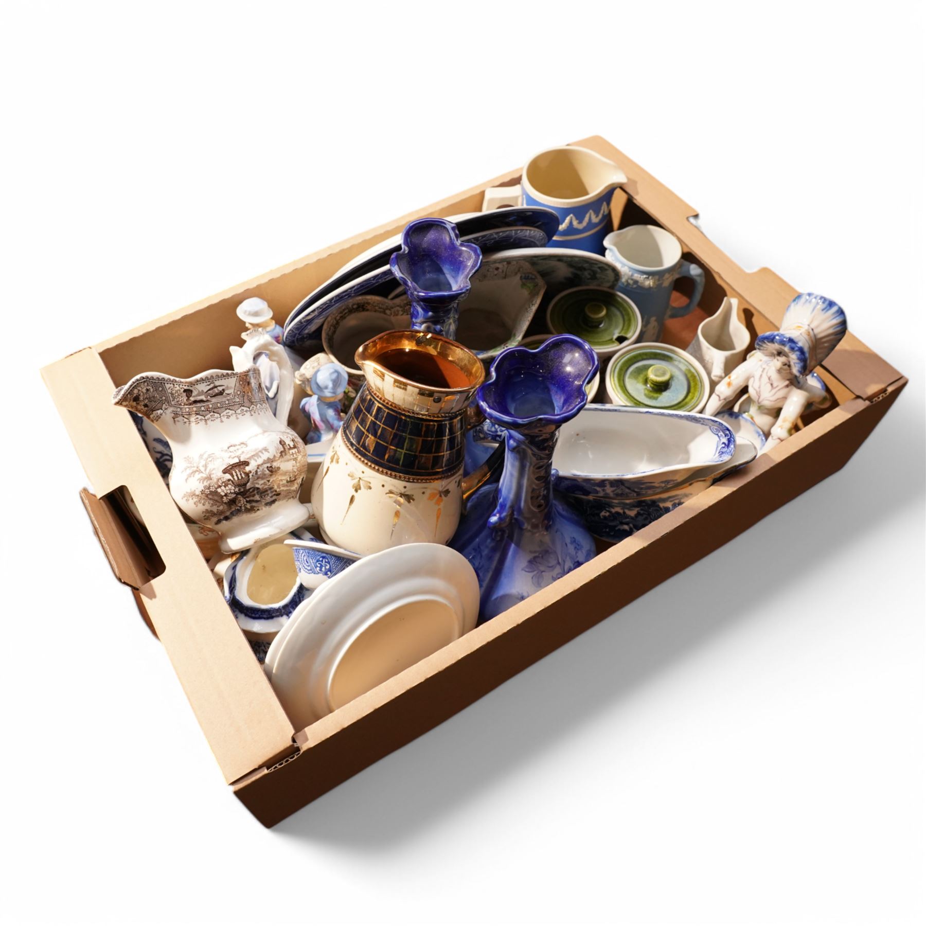 Copeland late Spode jasper ware jug, pair of modern Staffordshire vases, three Doulton Bunnykins nursery bowls etc