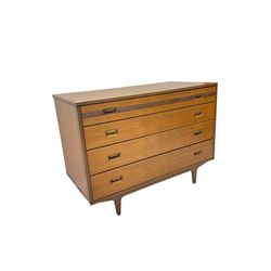 Butilux - mid-20th century teak chest, fitted with five graduating drawers, the top with horizontal reeding decoration, raised on tapering supports