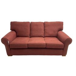 Multiyork - traditional three seat sofa upholstered in claret red fabric (W200cm H80cm); and pair matching armchairs (W103cm) 
