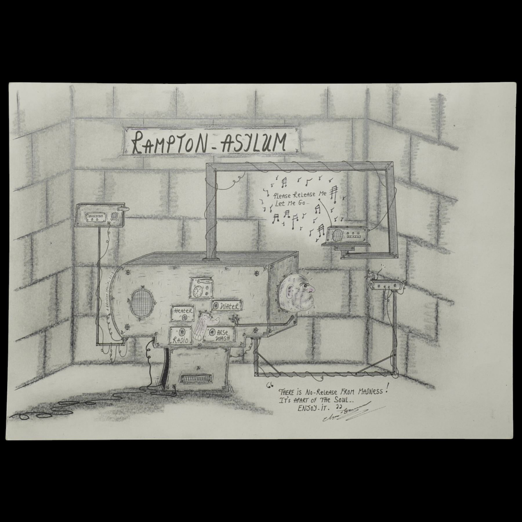 Charles Bronson (Charles Arthur Salvador) (British 1952-): A comprehensive collection of five hundred mixed media works executed between 2000 and 2025. Produced during the artist’s long-term incarceration, the works are primarily in ink, coloured pencil and mixed media on paper. The collection includes multiple formats: A5 (15 works), A4 (308 works), A3 (164 works) and A2 (13 works). Some are signed and dated; a number are executed on the reverse of official prison documents and other repurposed materials, reflecting the limited availability of art materials within the prison environment. This collection represents the largest body of the artist’s work to be offered as a single lot and has not previously been available on the market. (500) (unframed)

Notes: Dated examples span the period from 2000 to 2025, with the greatest concentration produced between 2012 and 2019 and including a group of recent large-scale works from the final years of the period; approximately twenty percent are undated.