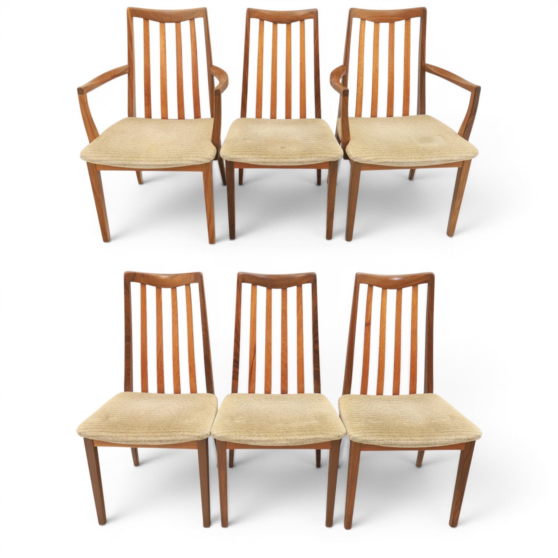 G-Plan - mid-20th century teak 'Fresco' circular extending dining table and six chairs, circular top with storable fold-over leaf extending to 166cm