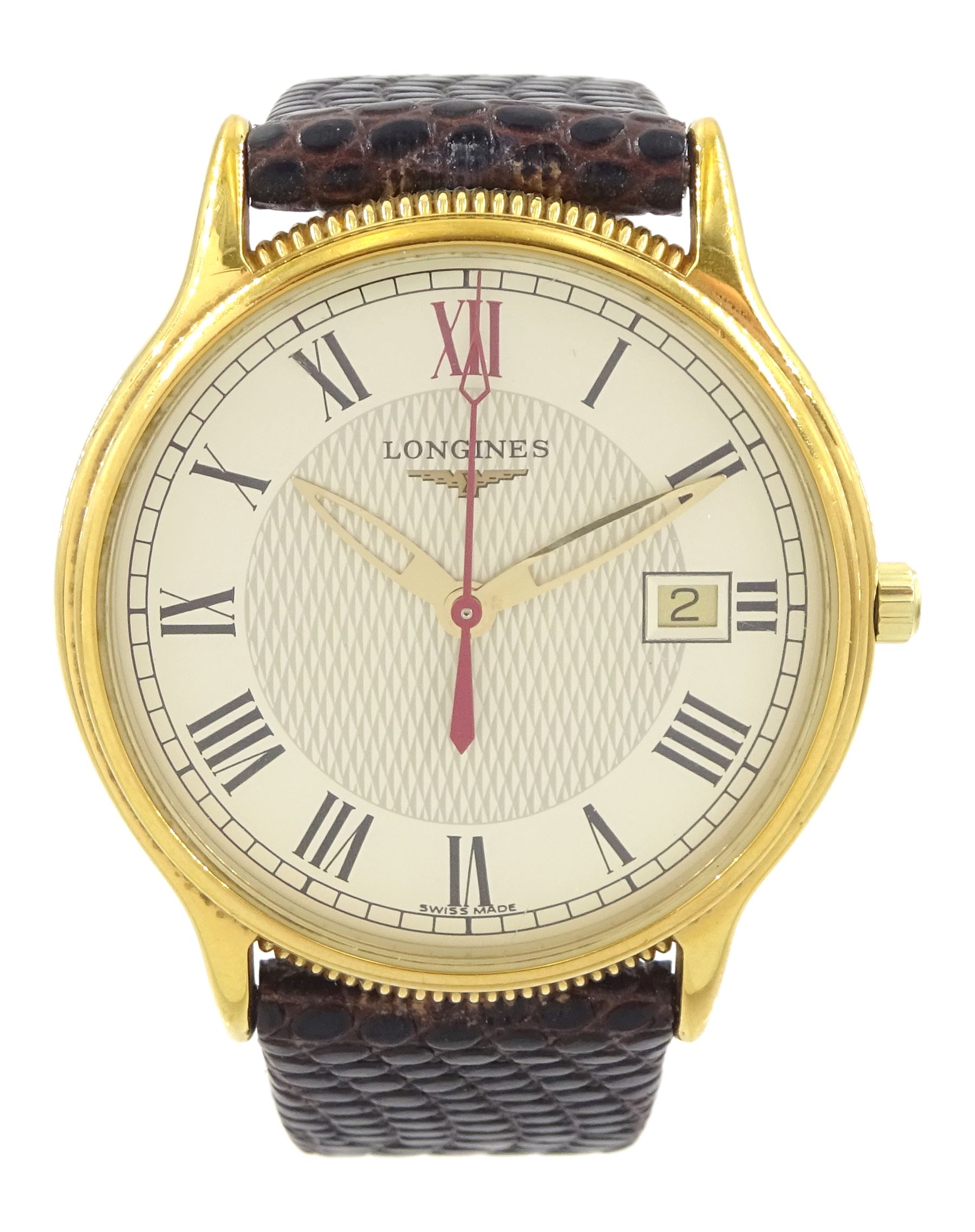 Longines gentleman's gold-plated and stainless steel quartz wristwatch, Ref. L4.698.2, on brown leather strap with original buckle, boxed