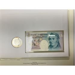 Four coin covers, comprising 2000 'The Queen Mother's 100th Birthday Silver Coin & Banknote Cover' limited edition 56/500, 2000 'Charles Darwin Commemorative Coin & Banknote Cover' limited edition 68/500, 2001 'Celebrating the 100th Birthday of Her Majesty The Queen Mother' containing  a 1999 silver one pound coin and 2001 'Royal Navy Submarines 100th Anniversary Cover' containing 2001 Turks & Caicos Islands 20 crowns silver coin