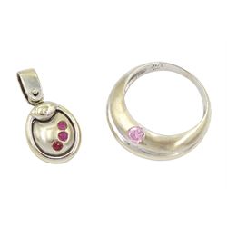 14ct white gold pink stone set ring and a 14ct white gold ruby pendant, both stamped 585