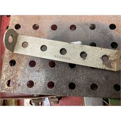 Meccano Set No.5 wooden box containing quantity of predominantly red and green sections, parts, brackets, wheels etc and instruction booklet