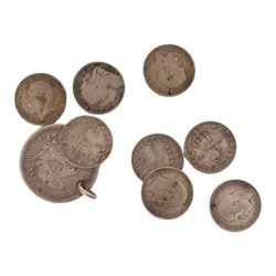 Approximately 10 grams of Great British pre-1920 and approximately 140 grams of Great British pre-1947 silver coins, together with a United States of America 1861 silver quarter dollar (drilled) and some further coins