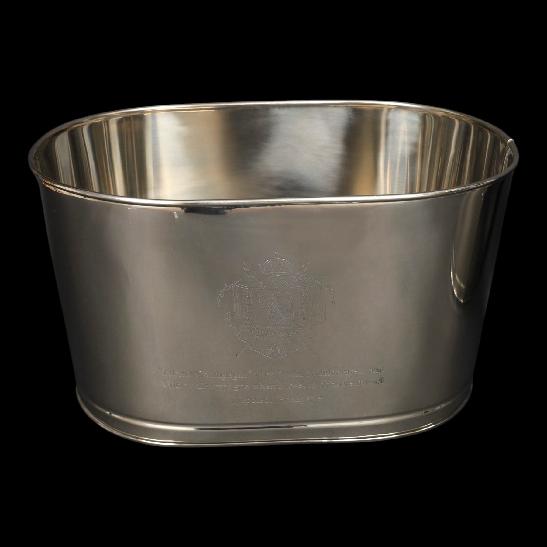 Pair oval champagne coolers, engraved 'I drink champagne when I win to celebrate ... and I drink champagne when I lose to console myself' H25cm, L43cm 