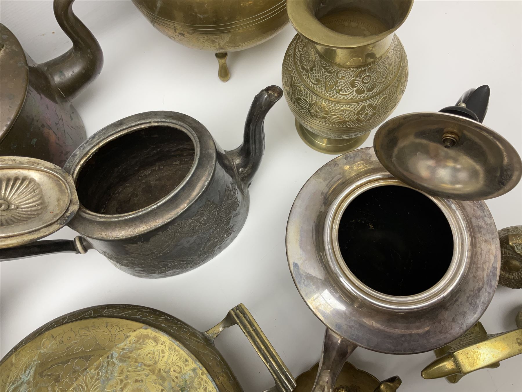 Collection of brassware, to include, kettles, jugs, owl figures etc