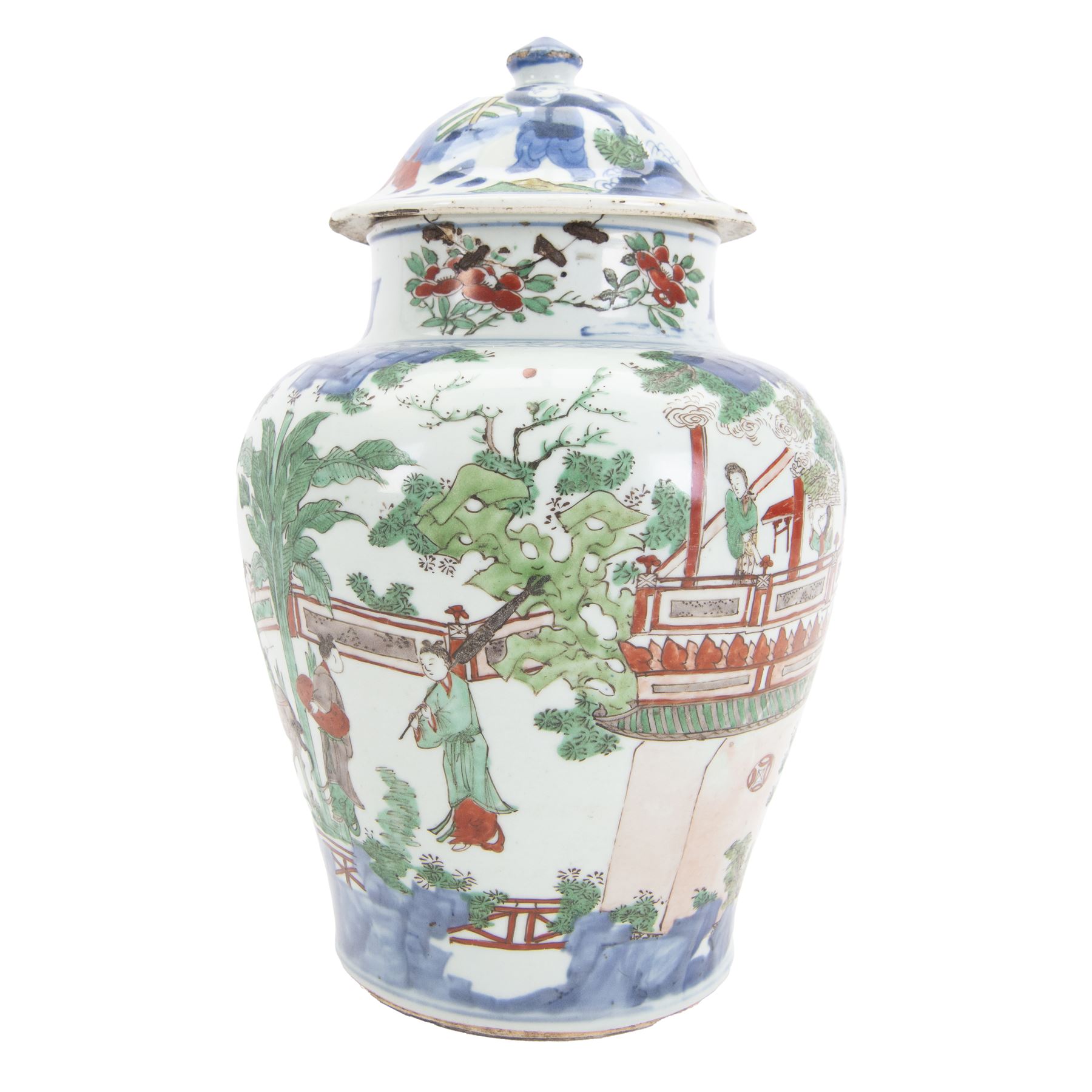 17th century Transitional period Chinese Wucai vase and cover, of baluster form, the body painted with ladies upon a terrace, and figures upon horseback and attendants within a fenced garden, the domed cover with knop finial painted with boys at play, H37cm
