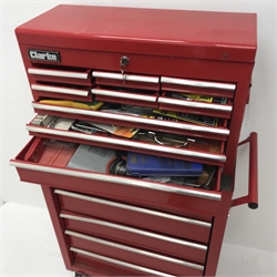 Clarke red drawer tool cabinet with top chest and contents