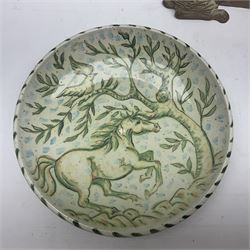 Wendy Abbott Salt; studio pottery figure of a recumbent horse, together with vase of baluster form decorated and dish, both decorated with horses, vase H26cm