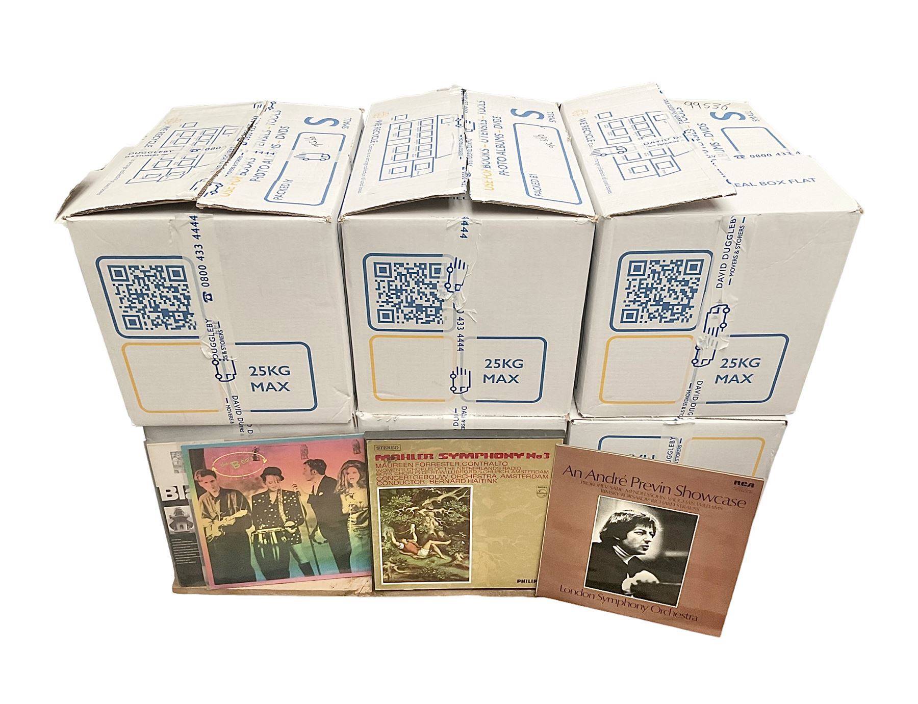 Collection of vinyl LP records in six boxes, mainly Classical, including Stravinsky Pulcinella, Andre Previn Music Night, Valerie Tryon, etc