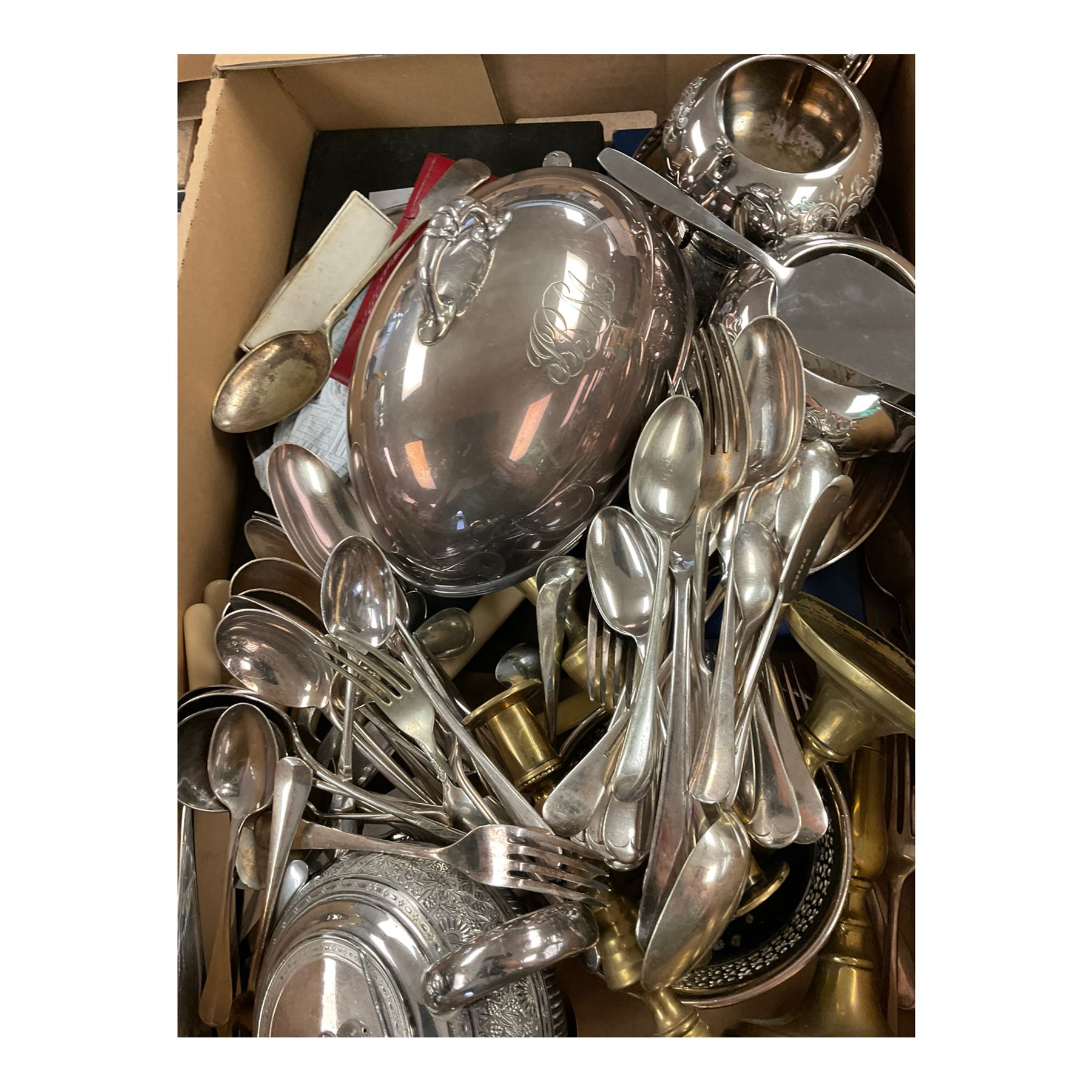 Brass Art Deco style mirror, together with a brass bell and other metalware 