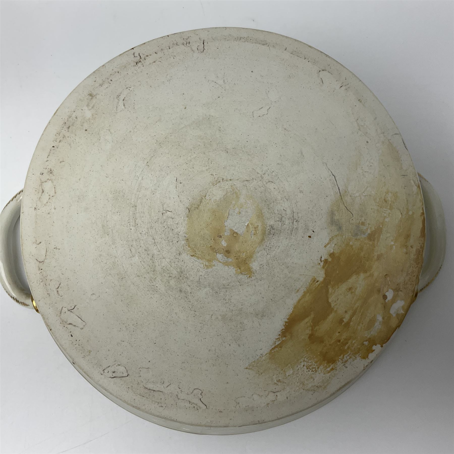 Pair of 19th century German openwork chestnut baskets, with twin handles and scrolling gilt border and star rim, painted to the centre with birds and insects, D22cm 