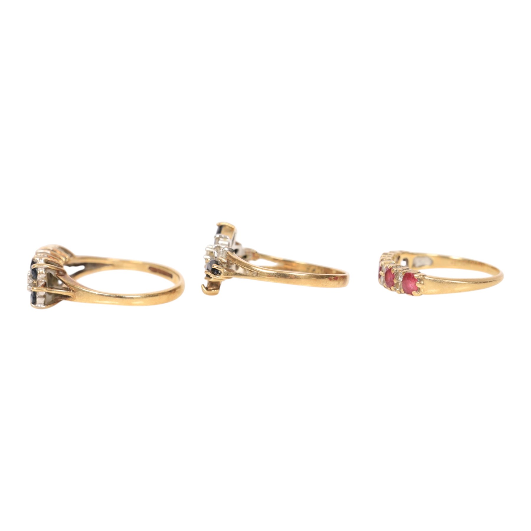 Three 9ct gold stone set rings, all hallmarked