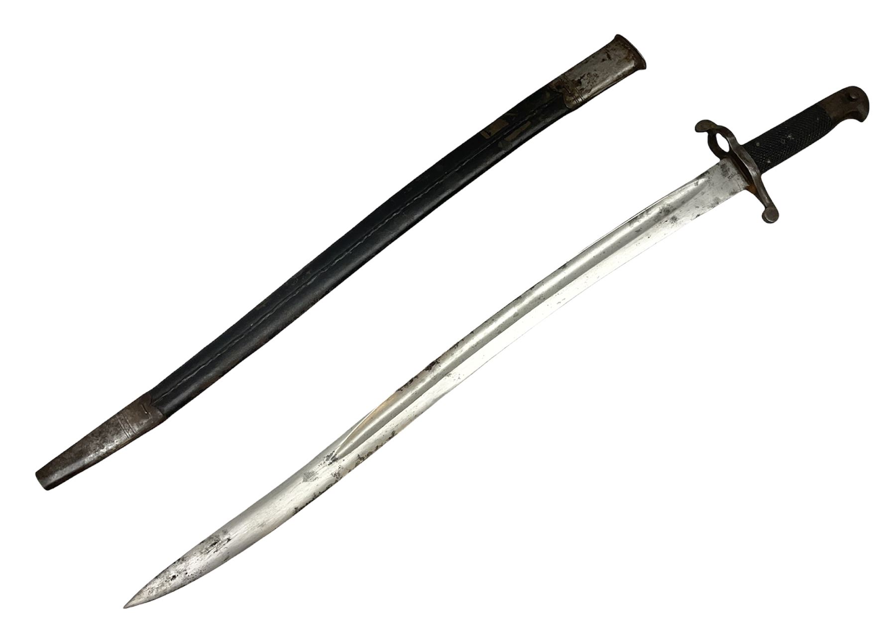 19th century Bayonet with 58cm fullered Yataghan shaped blade, stamped with anchor mark, with leather scabbard