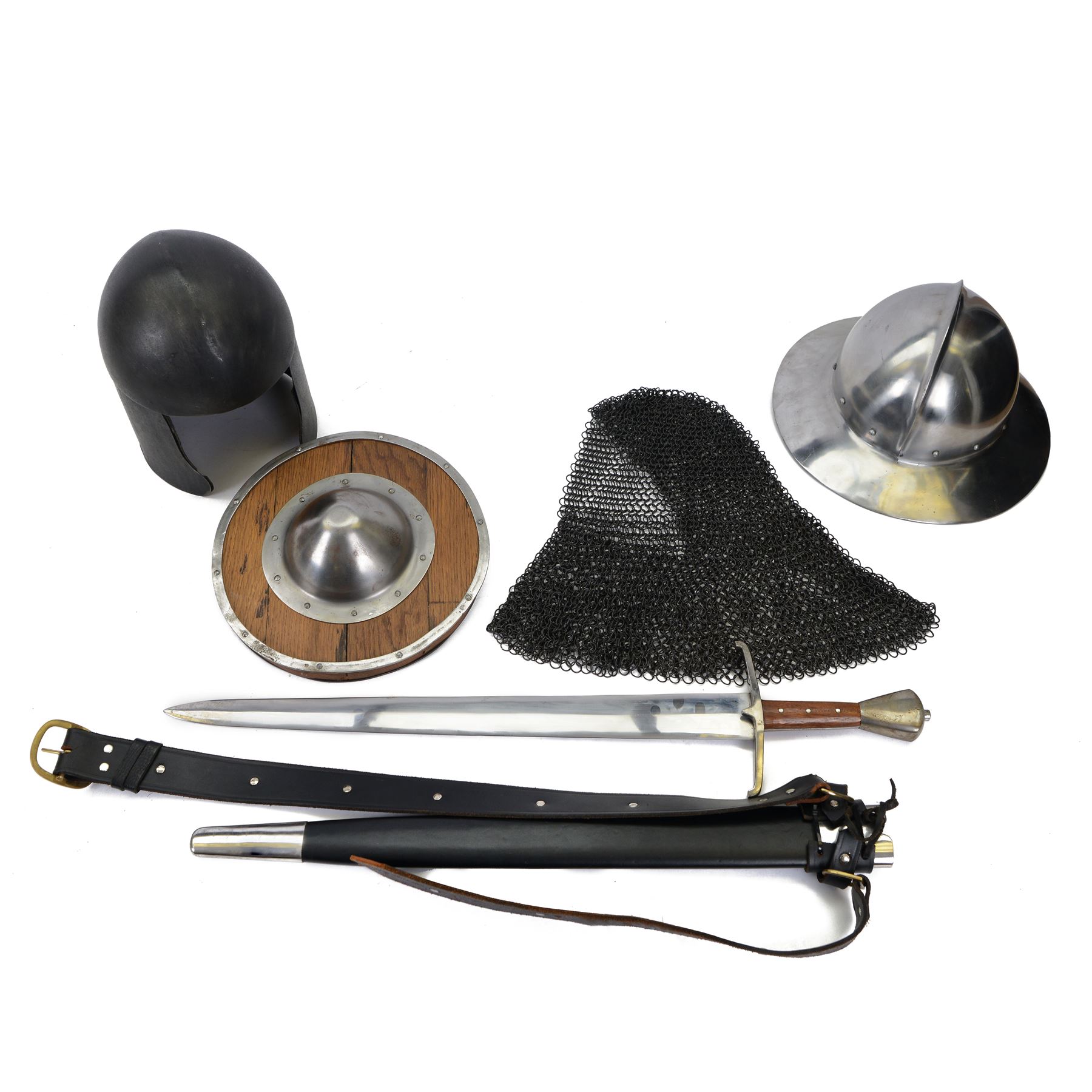 Selection of reenactment related items, including Archers sword, helmet and shield, with another helmet and chain mail 