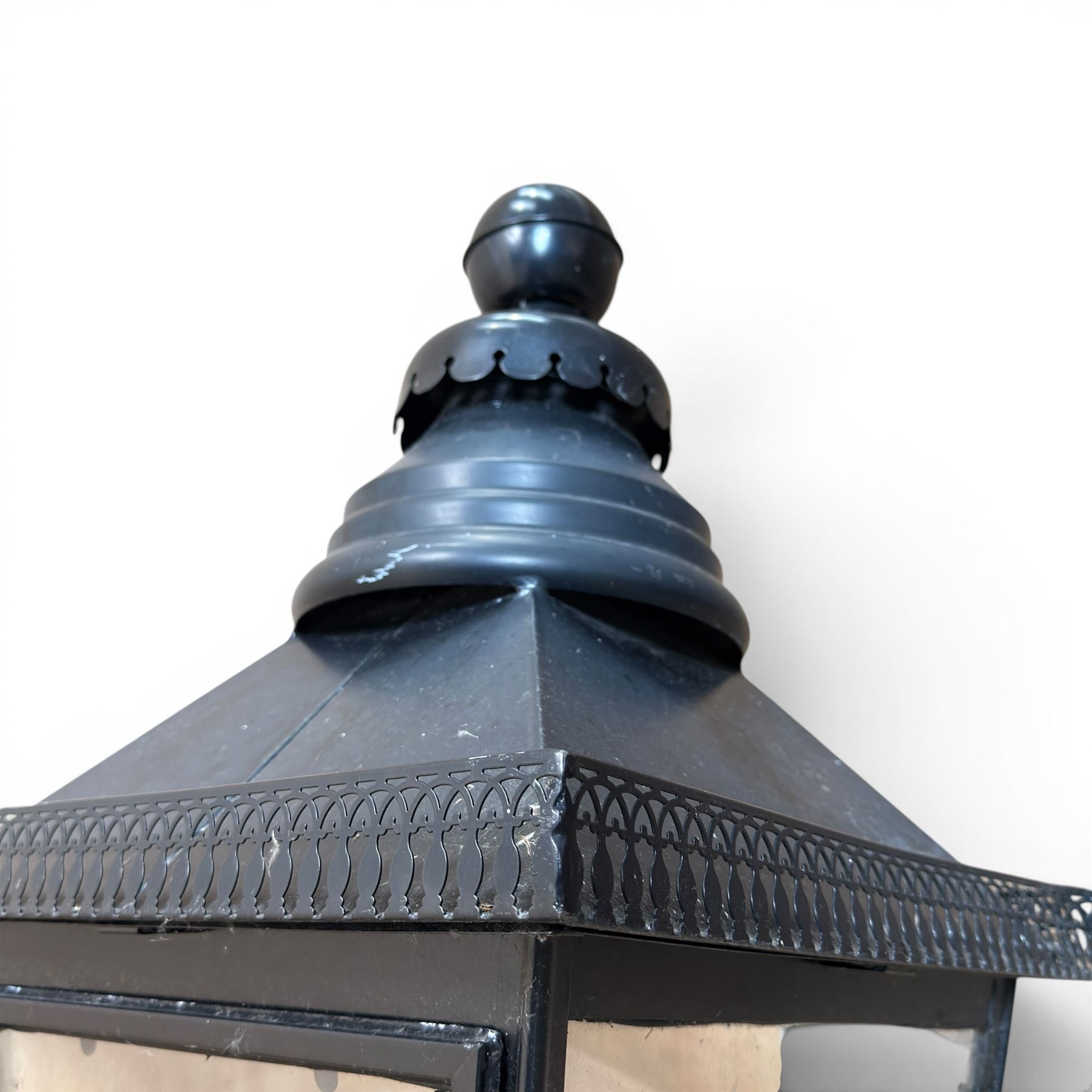 Pair of Victorian design black painted 'street' lamps, and a satin chrome light fitting