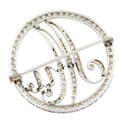Art Deco platinum and diamond initial brooch, the circular frame and initials 'Mu' milgrain set with old cut diamonds, total diamond weight approx 2.40 carat