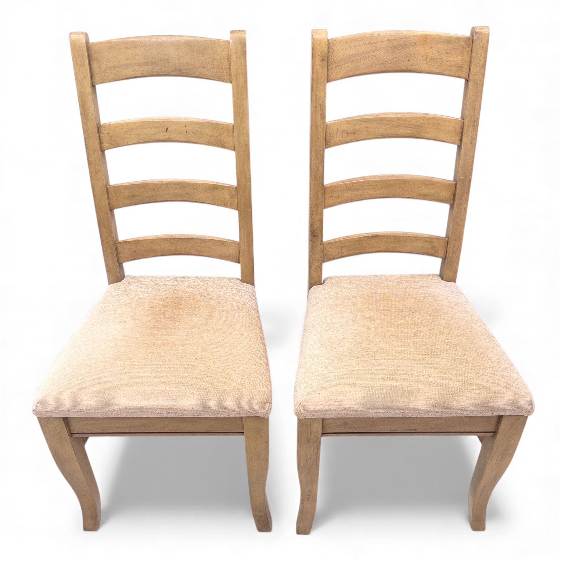 Barker and Stonehouse Flag Stone extending dining table and four matching chairs, the rectangular top with parquetry inlay and contrasting border, extending by central leaf, on slightly curved supports, the chairs with padded upholstered seats and ladder backs (Chairs H 108cm, W 50cm, D 54cm) (Extends to 195cm)