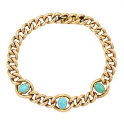Edwardian 15ct rose gold turquoise bracelet, three oval cut turquoise stones to a curb lin...