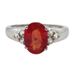 9ct white gold oval fire opal and cubic zirconia ring, hallmarked