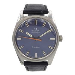Omega Genève gentleman's stainless steel automatic wristwatch, Ref. 165.041, Cal. 552, serial No. 28254539, blue dial with orange seconds hand, on black leather strap with original Omega buckle