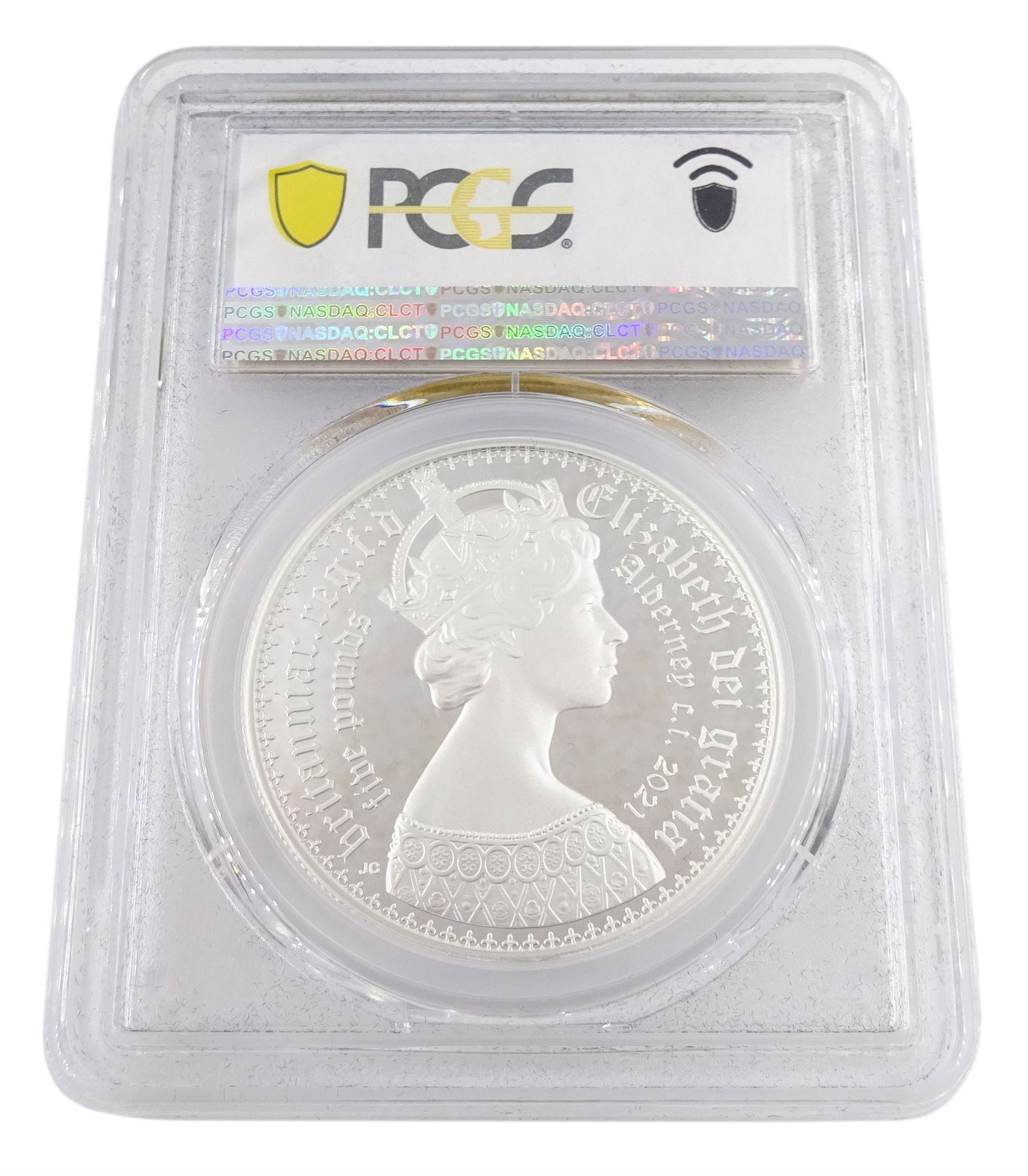 Queen Elizabeth II Alderney 2021 silver proof 'New Gothic Crown' five pound coin, in PCGS capsule