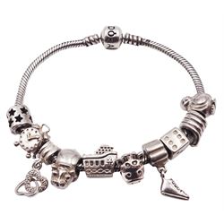 Pandora silver charm bracelet with ten Pandora silver charms, all stamped 925 ALE