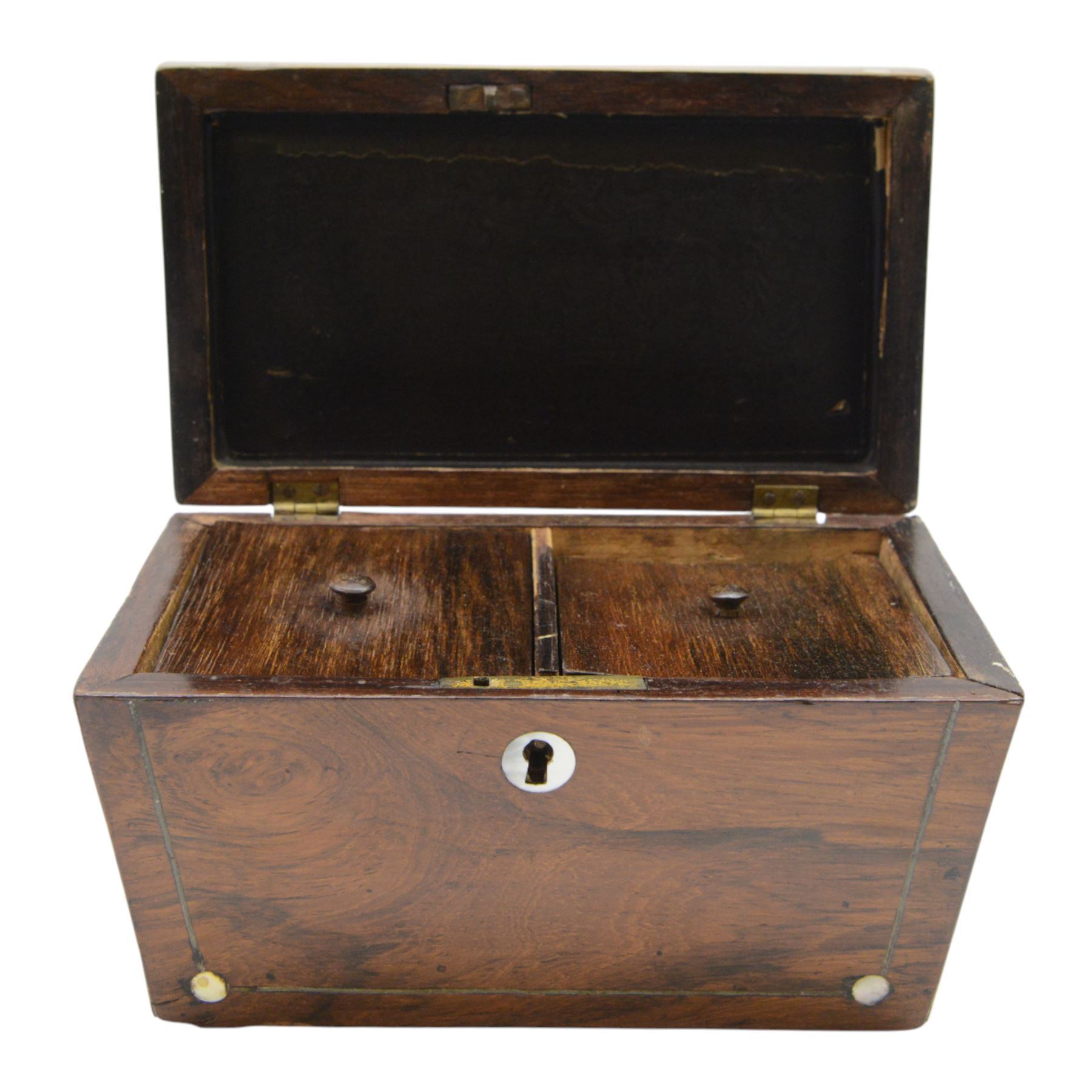 Brass and wood desk stand with inkwell and pen stand, together with silver collared inkwell, hallmark, brass table lamp in the form of a reeded column on stepped square base and 19th century rosewood tea caddy, etc lamp H45cm