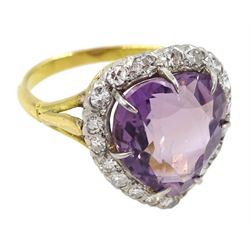 Gold heart shaped amethyst and diamond ring, stamped 18ct