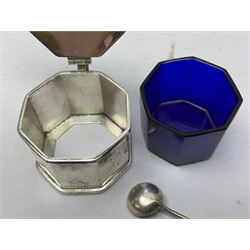 Mid 20th century silver mustard pot and cover, and open salt, each with blue glass liners, together with two salts spoons, each hallmarked, approximate total silver weight 98.9 grams