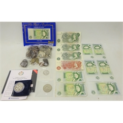  Collection of Great British and World coins including United States of America 1943 half dollar, 2006 five pound coin, pre-decimal coinage, Hollom ten shilling note, three Page one pound notes, seven Somerset one pound notes, various late 19th/ early 20th Century 'copper' coinage etc  