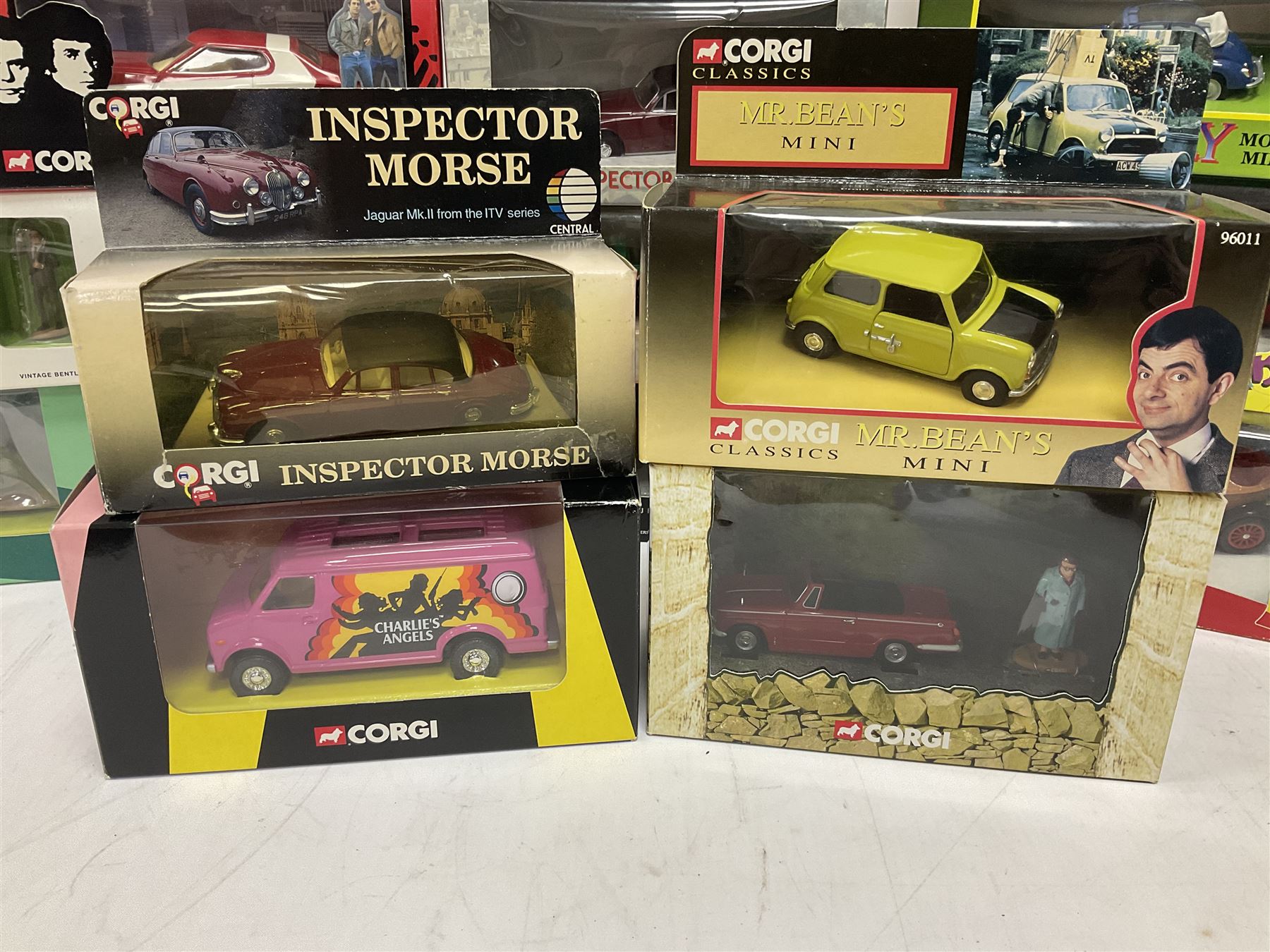 Corgi - seventeen TV/Film related die-cast models including Last of the Summer Wine, Charlie's Angels, Starsky & Hutch, Inspector Morse, Lovejoy, Mr. Bean, Chitty Chitty Bang Bang, Monkees, Fawlty Towers, Green Hornet, Summer Holiday, National Lampoon Vacation etc; all boxed (17)