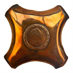 Copper tankards, including one example with plated handle and base stamped 'Barley Corn', brass box with secret compartment, and other brass and copper collectables