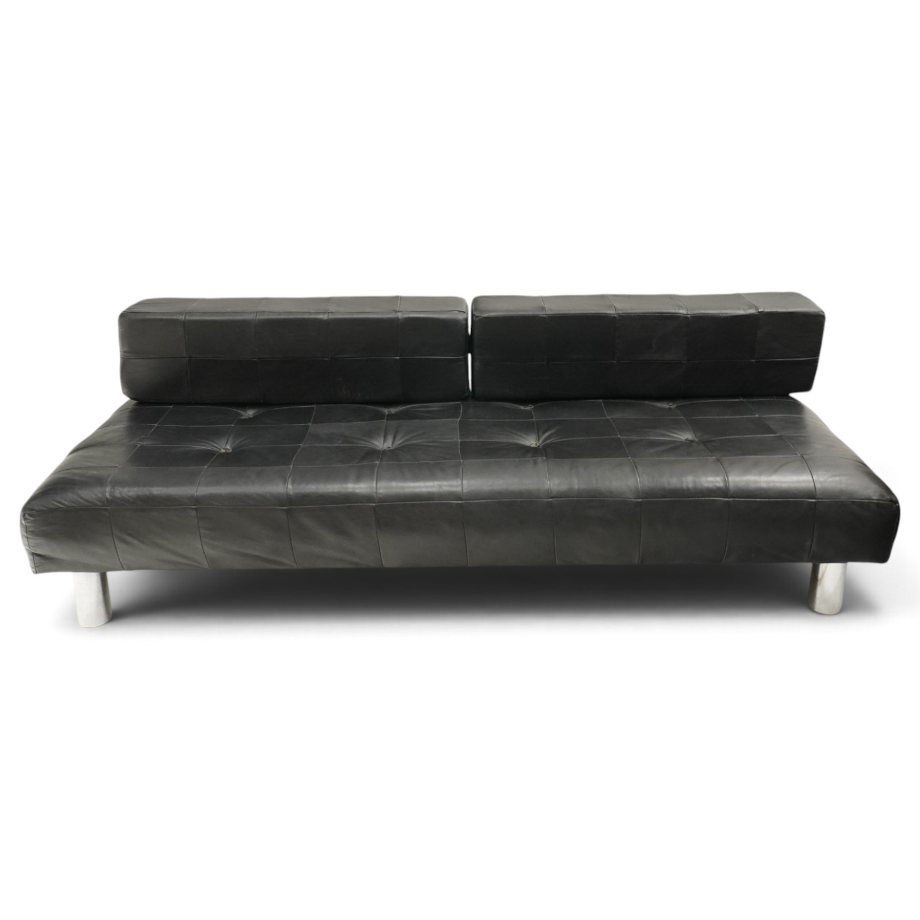 De Sede - 1970s 'DS 80' black leather modular settee or daybed, low upholstered bacl with loose rectangular back cushions over padded seat, raised on tubular chrome supports